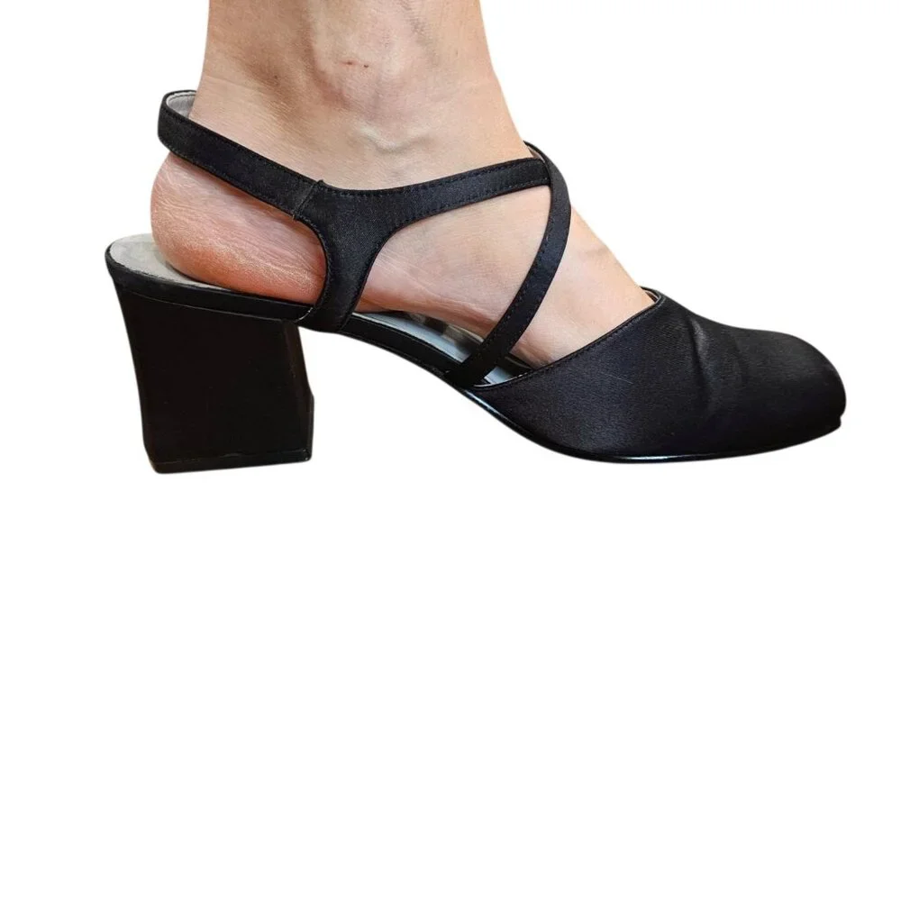 90s Y2K Chunky Heel Square Toe Strappy Mule Black‎ Satin Business Sz 9 2.5